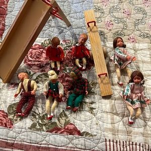 Vintage Germany posable rubber dollhouse size dolls wood playground